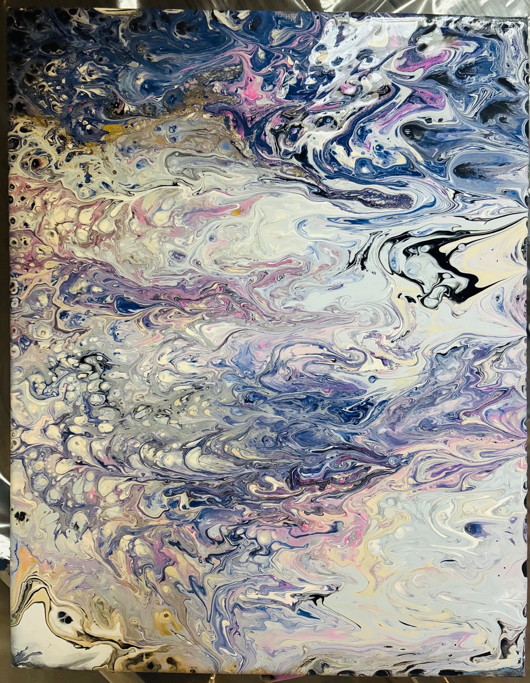 Abstract fluid art in lilac, ivory, and midnight tones