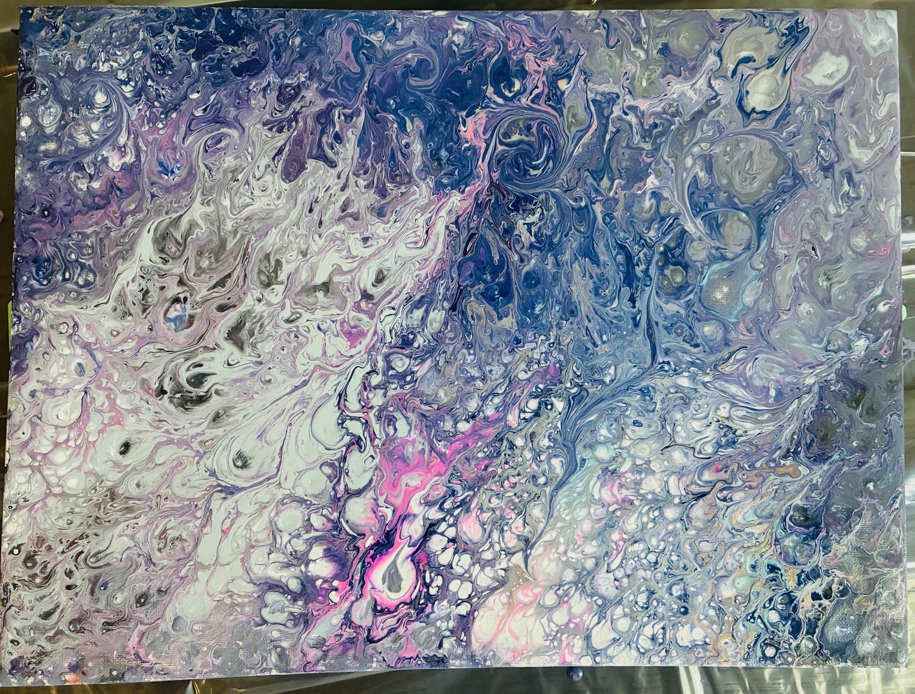 Abstract fluid art in silver, violet, and blue