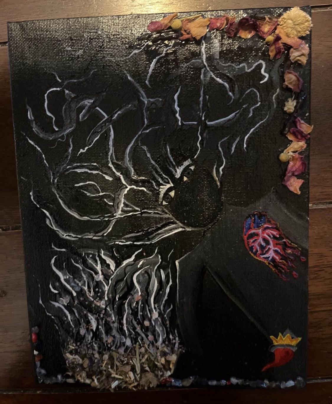 Dark mixed-media painting with an anatomical heart