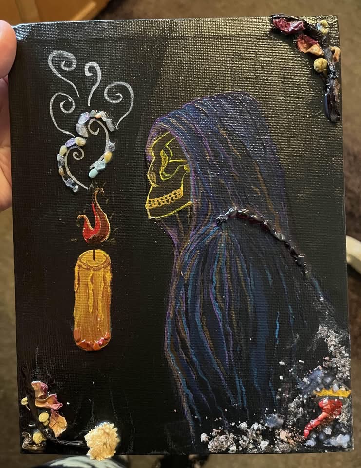 Hooded skeleton candle mixed-media painting