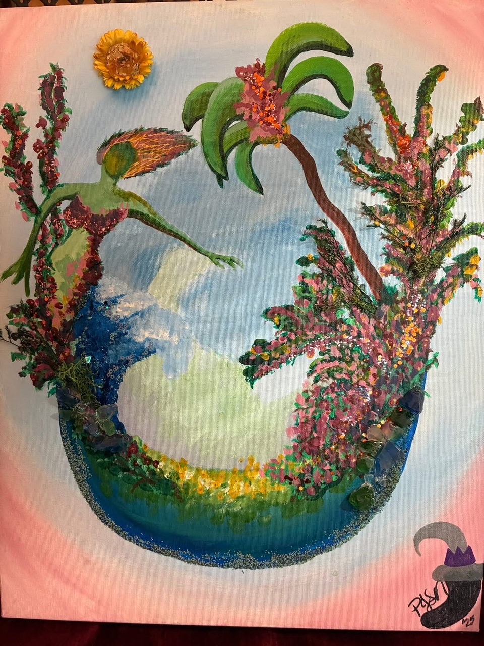 Mixed-media goddess painting in a lush tropical setting